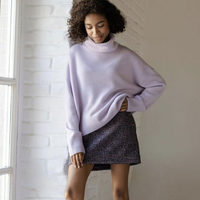 Asymmetric Rib Trim Turtleneck Long Sleeve Oversized Pullover Sweater - Lilac