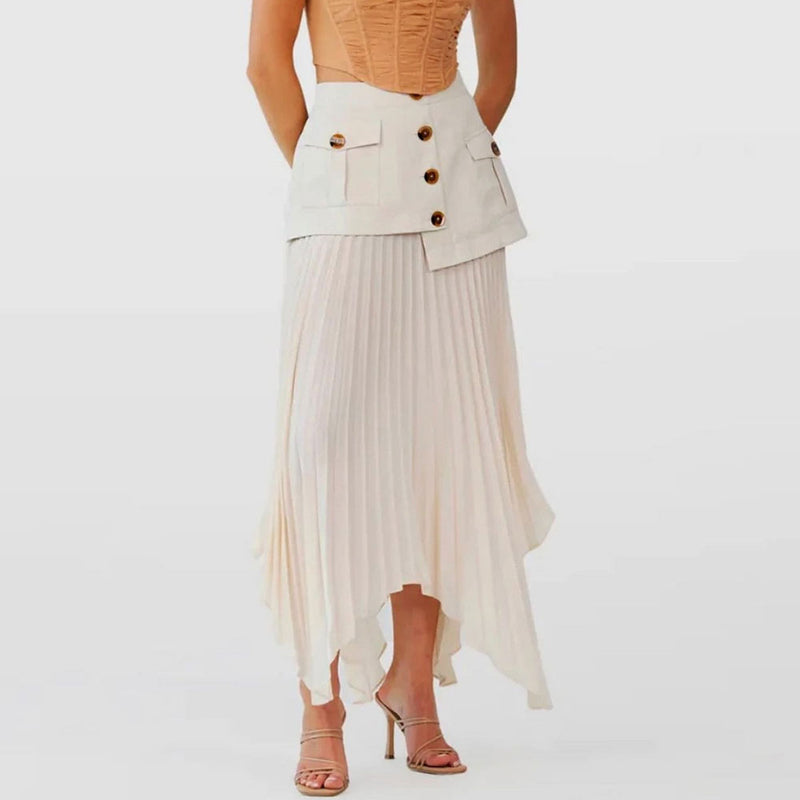 Asymmetrical Chiffon High Waist Panel Trim Button Up Pleated Midi Skirt - Beige