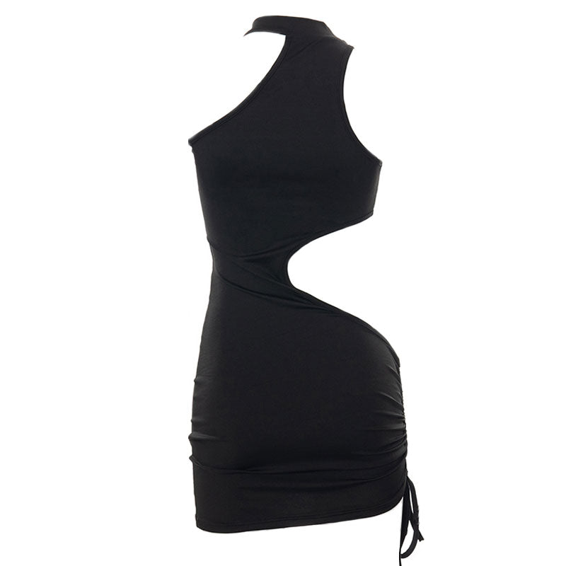 Asymmetrical Cutout Drawstring Trim Choker Neck Bodycon Mini Dress - Black