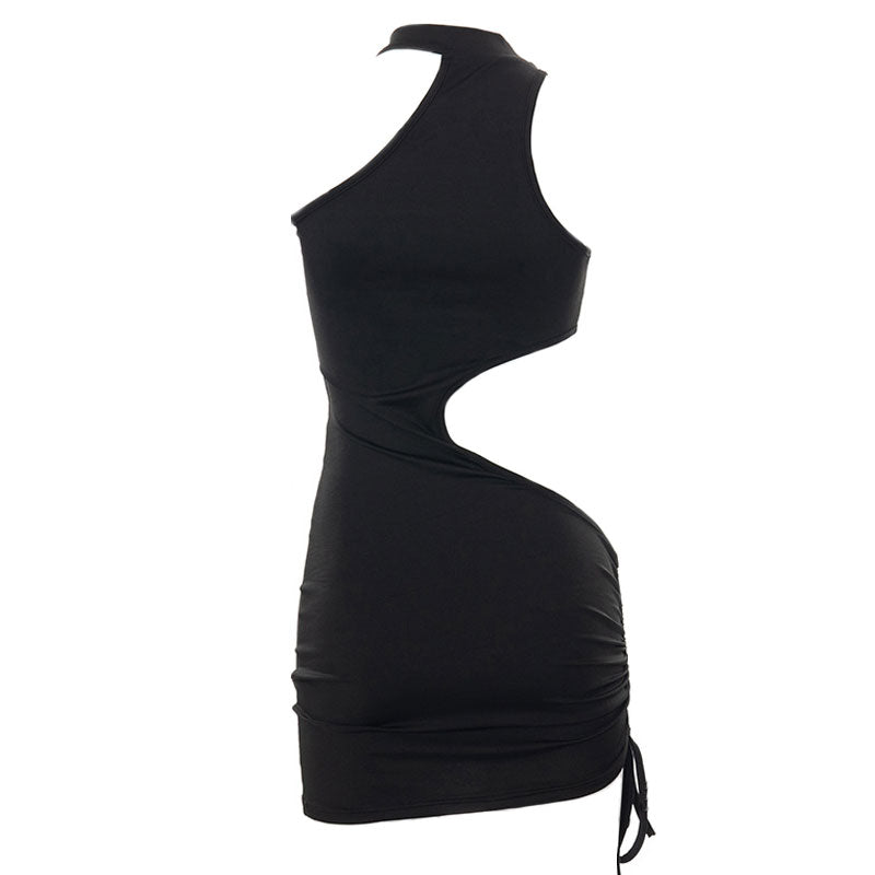 Asymmetrical Cutout Drawstring Trim Choker Neck Bodycon Mini Dress - White