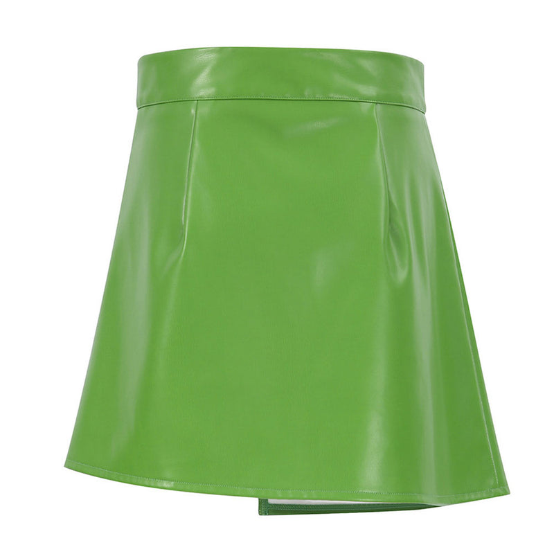 Asymmetrical High Waist Seamed Trim Vegan Leather Mini Skirt - Green