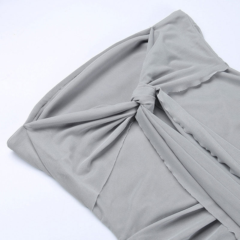 Asymmetrical Ruched Mesh Tie Front Strapless Bodycon Mini Dress - Gray