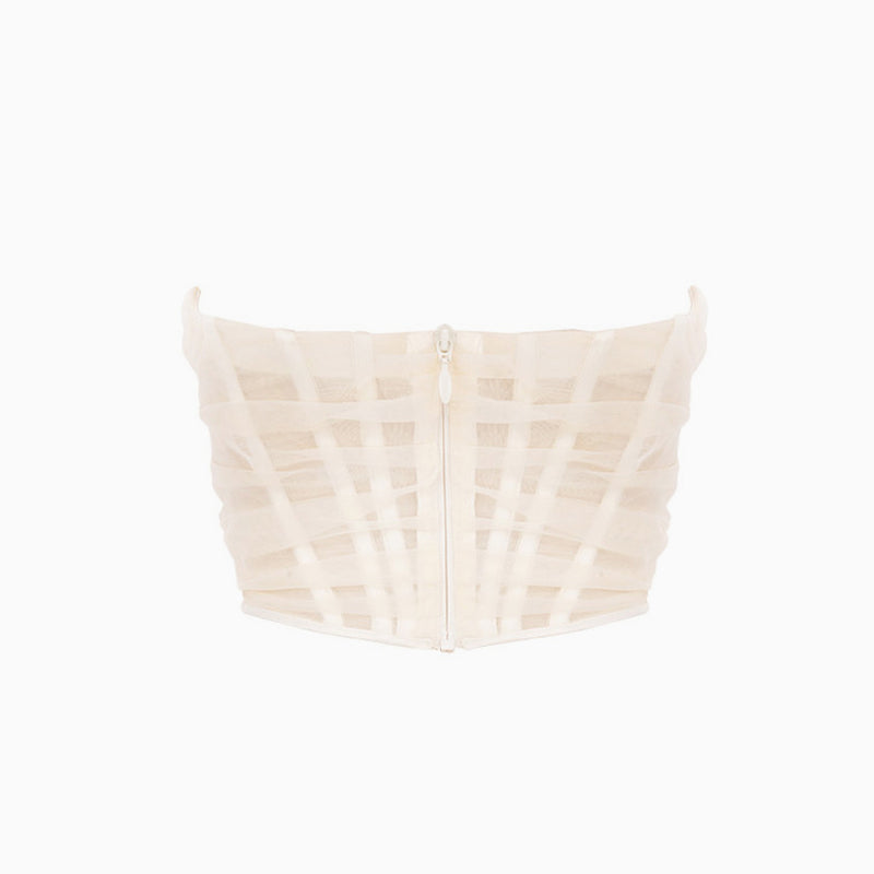Sheer Style Asymmetrical Ruched Strapless Mesh Corset Top - Ivory