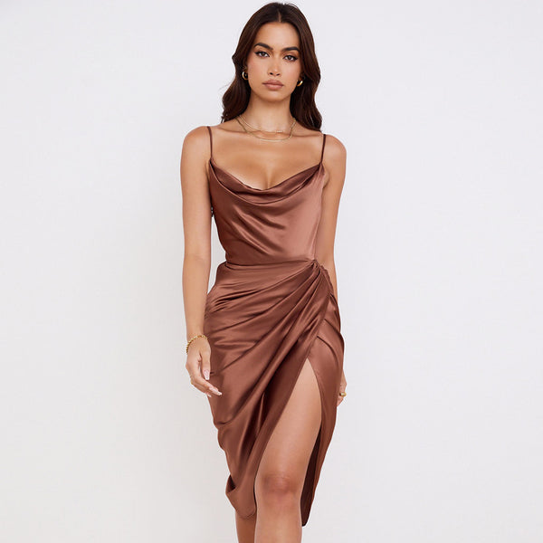 Asymmetrical Split Cowl Neck Ruched Satin Slip Midi Dress - Chocolate