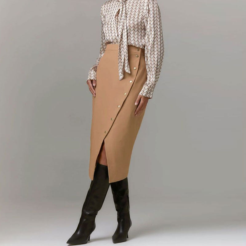 Asymmetrical Split Front Button Down High Waist Wrap Midi Skirt - Khaki