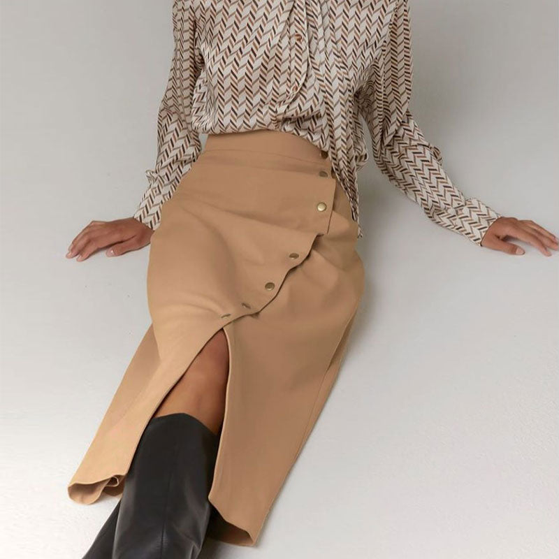 Asymmetrical Split Front Button Down High Waist Wrap Midi Skirt - Khaki