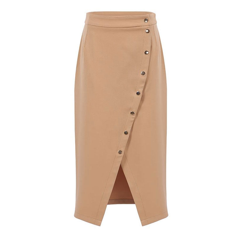 Asymmetrical Split Front Button Down High Waist Wrap Midi Skirt - Khaki