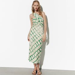 Asymmetrical Tie Dye Checkered Print One Shoulder Midi Dress - Green