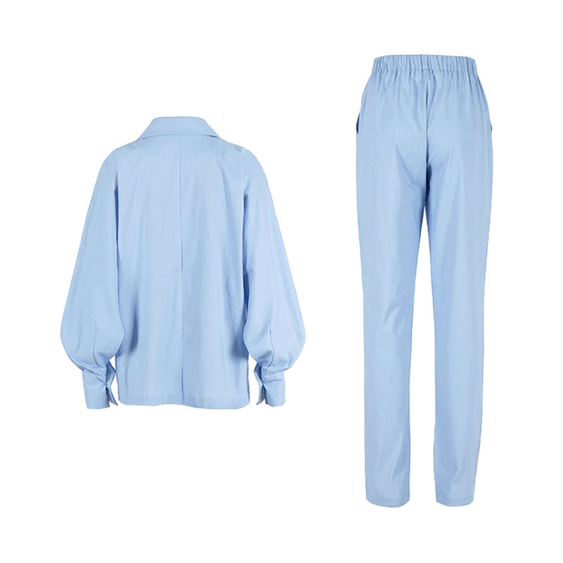 Athflow Peak Lapel Long Sleeve Linen Blazer Matching Set - Blue