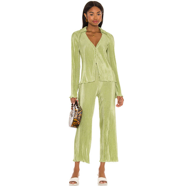 Athflow Shirred Blouse Wide Leg Pant Matching Set - Sage Green