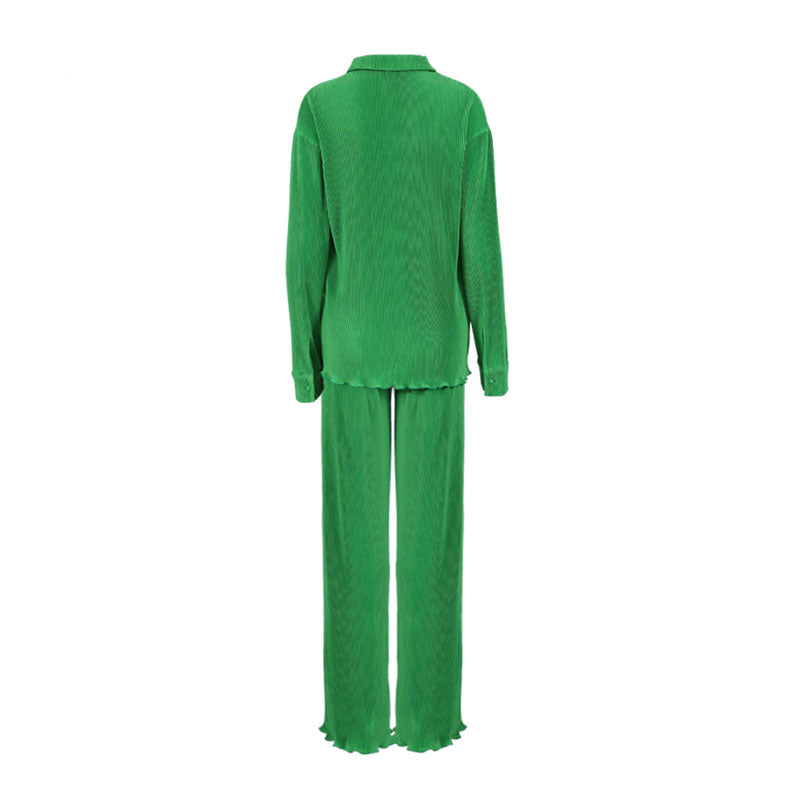 Athflow Shirred Long Sleeve Blouse Wide Leg Pant Matching Set - Green