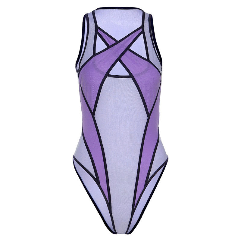 Athletic Contrast Suspender Strap Crisscross Mesh Bodysuit - Purple