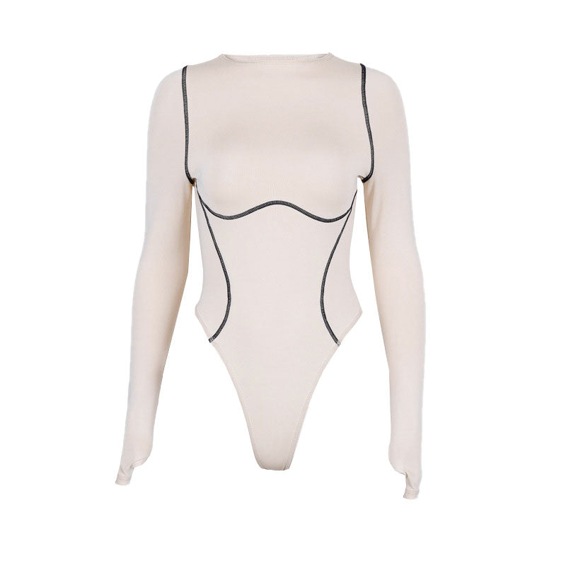 Athletic Crew Neck Contrast Seamed Long Sleeve Bodysuit - Apricot