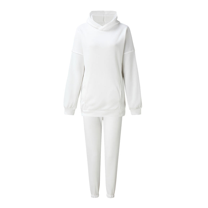 Athletic Drop Shoulder Long Sleeve Hoodie Matching Set - White