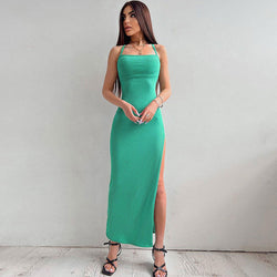 Attractive Ribbed Square Neck Lace Up Thigh Slit Maxi Dress - Teal Green