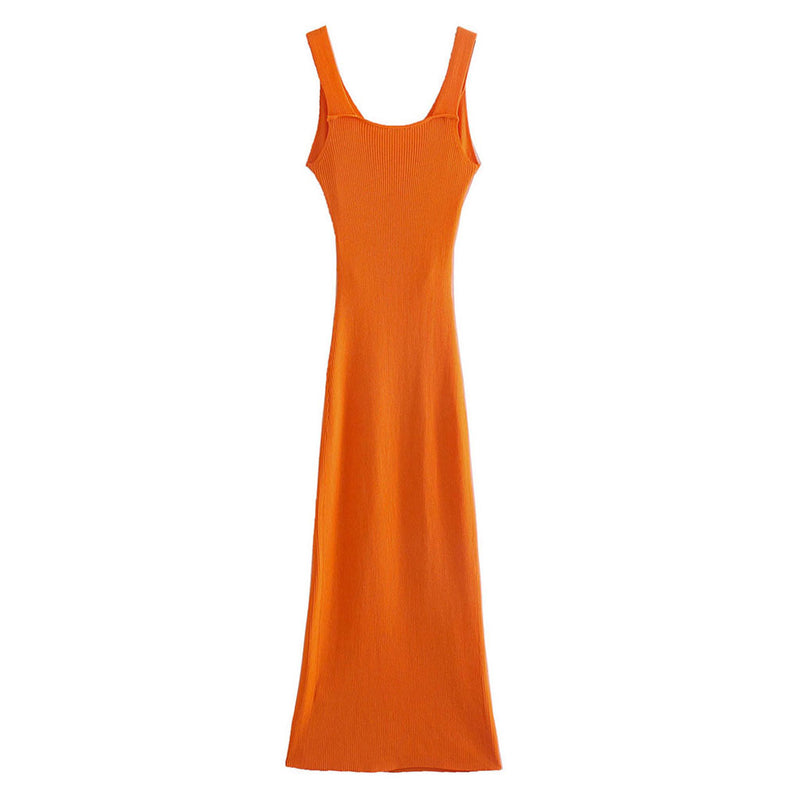 Attractive V Neck Cut Out High Slit Rib Knit Midi Dress - Burnt Orange