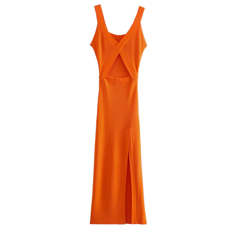 Attractive V Neck Cut Out High Slit Rib Knit Midi Dress - Burnt Orange