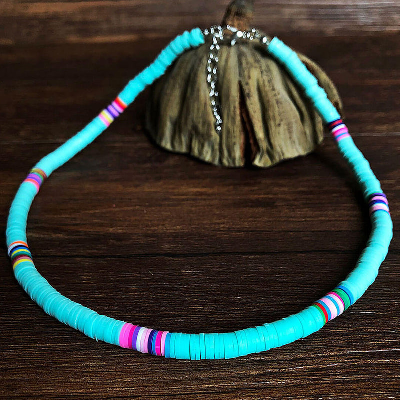 Boho Beach Style Mixed Color Bead Embellished Necklace - Blue