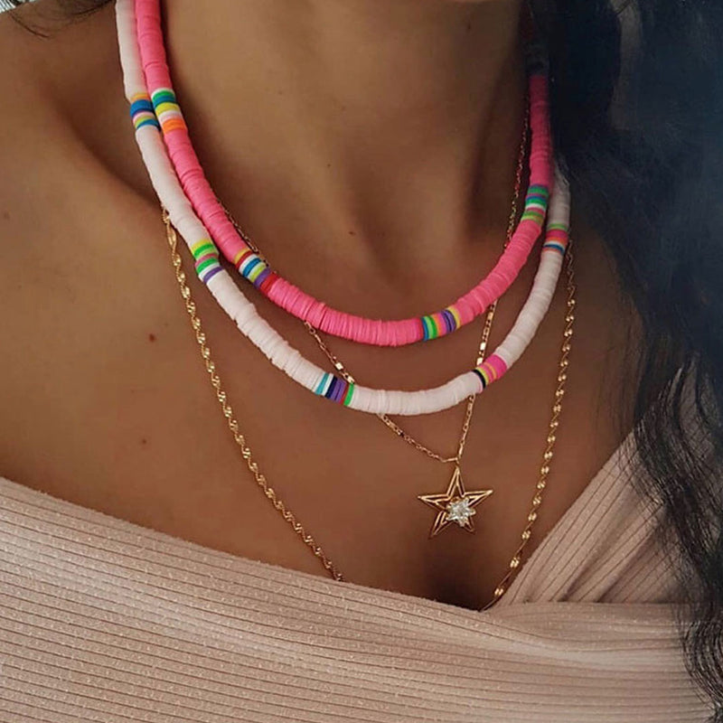 Boho Beach Style Mixed Color Bead Embellished Necklace - Pink