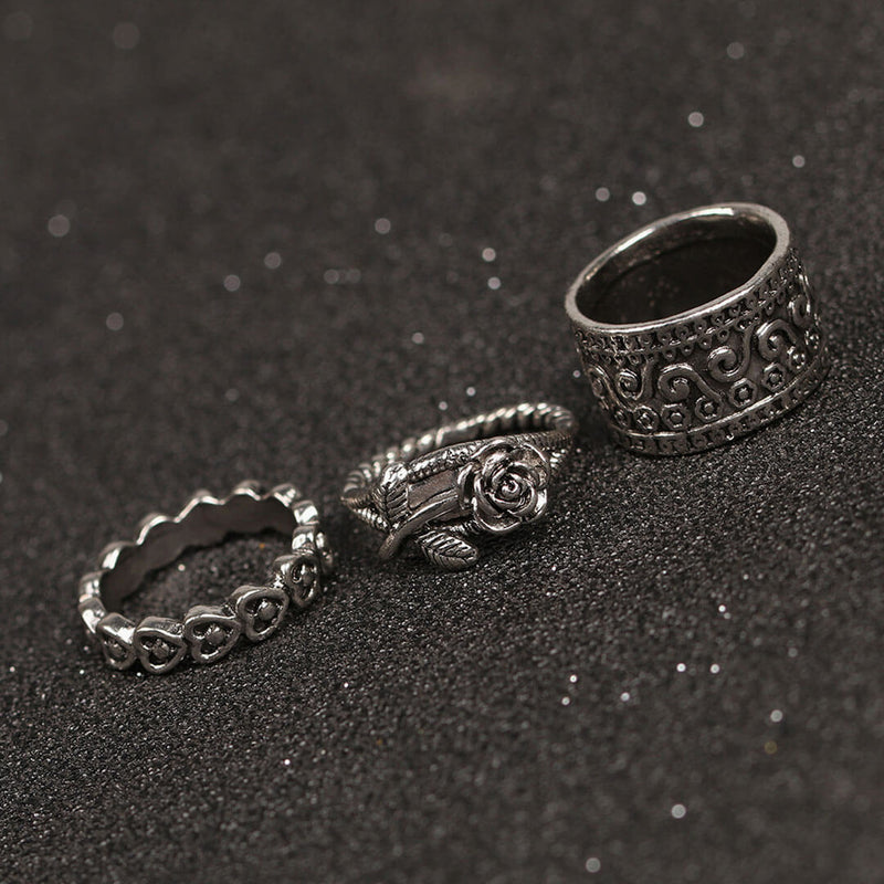 Boho Style Multi Mix Stone Trimmed Embossed Ring Set - Silver