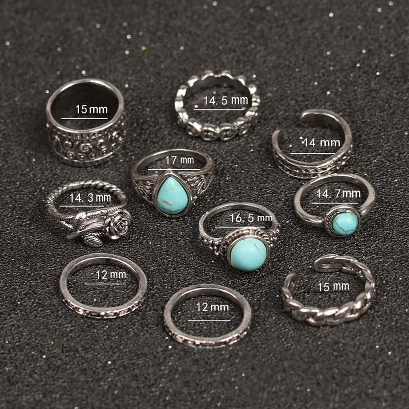 Boho Style Multi Mix Stone Trimmed Embossed Ring Set - Silver