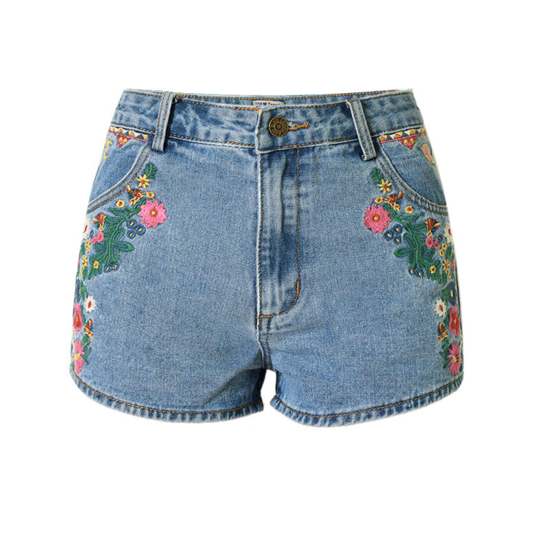 Boho Style Floral Embroidered High Waist Denim Shorts - Blue