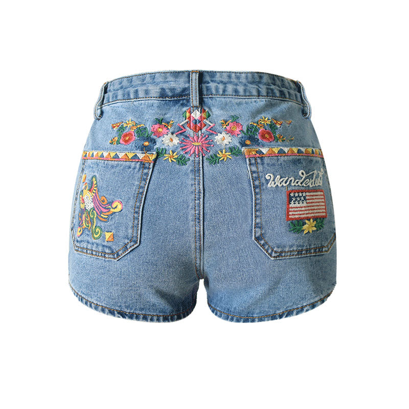 Boho Style Floral Embroidered High Waist Denim Shorts - Blue