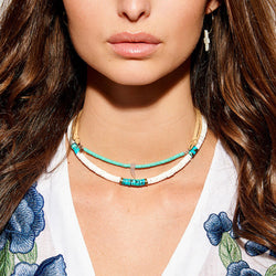Boho Tribal Style Two Tone Mixed Bead Choker Necklace - Blue