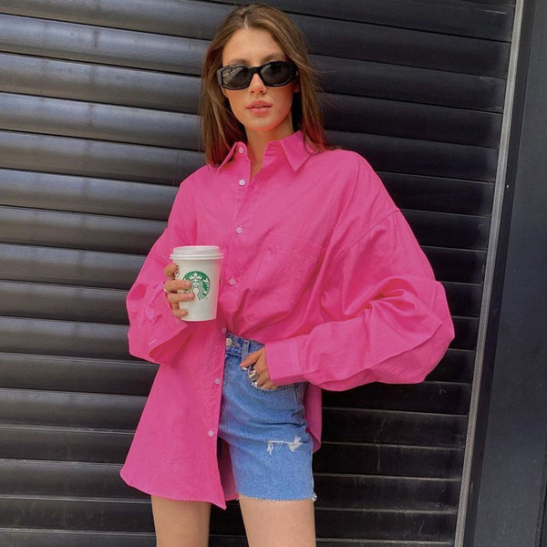 Bold Collared Long Sleeve Button Up Oversized Shirt - Hot Pink