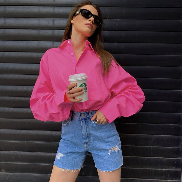 Bold Collared Long Sleeve Button Up Oversized Shirt - Hot Pink