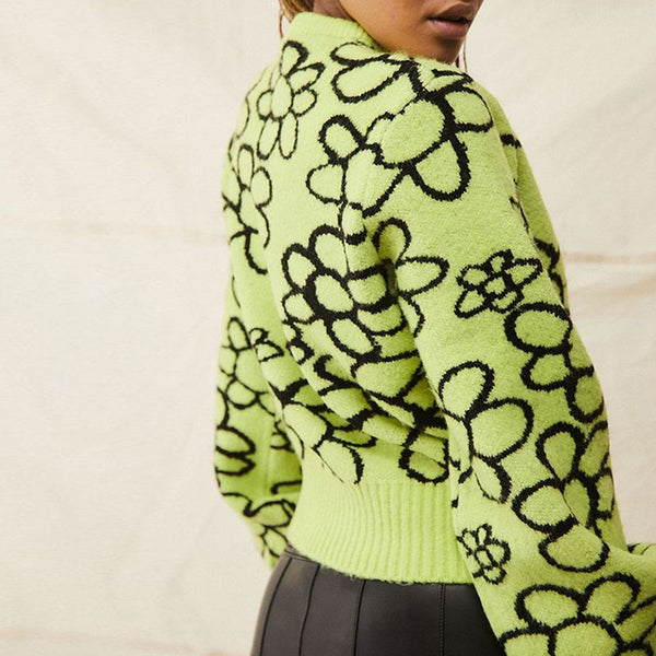 Bold Contrast Floral Bishop Sleeve Rib Knit Oversized Sweater - Green