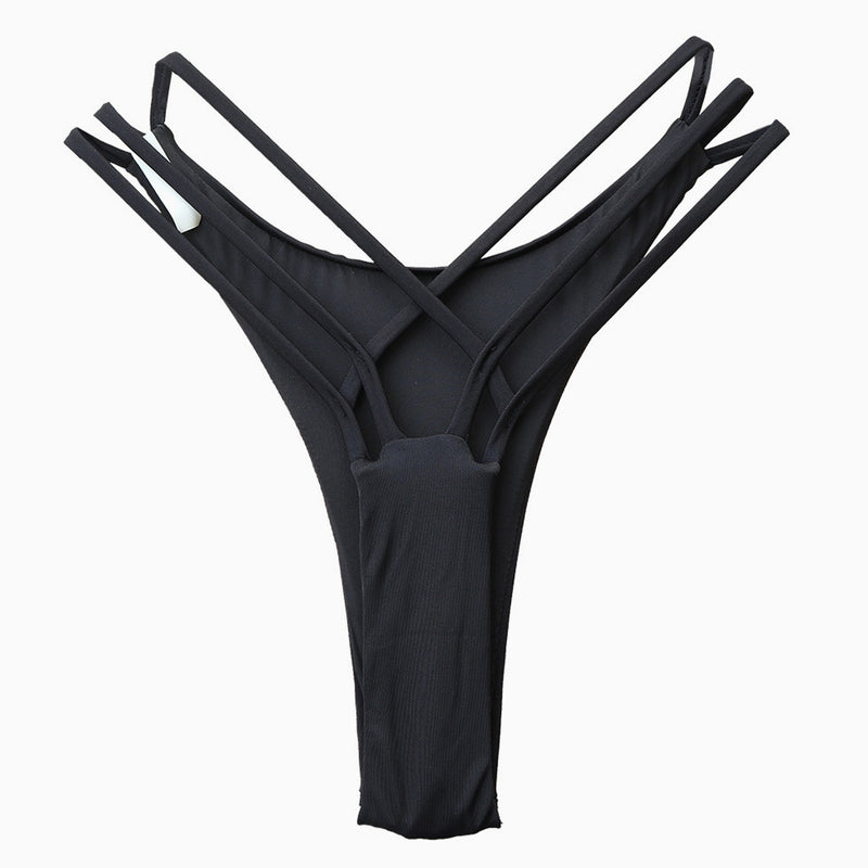 Brazilian Solid Cut  Out Crisscross Strappy Bikini Thong Bottom - Black