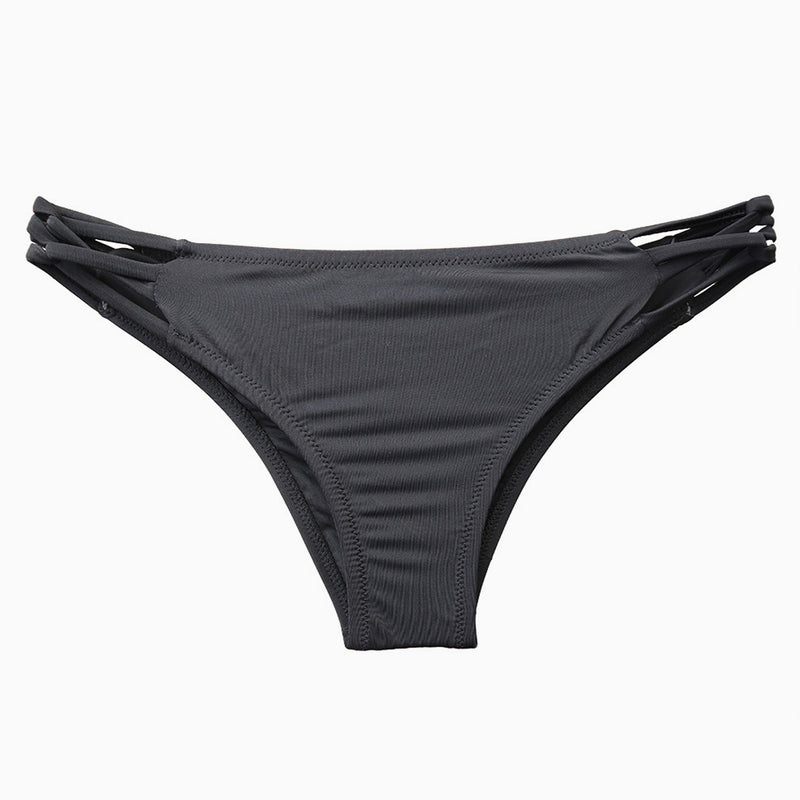 Brazilian Solid Color High Cut Ruched Bikini Thong Bottom - Black