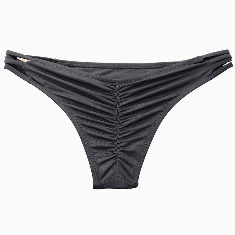 Brazilian Solid Color Crisscross Strappy Side Scrunch Bikini Bottom - Black