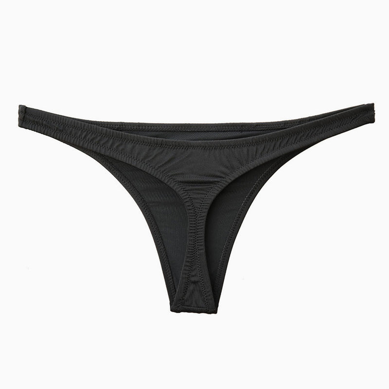 Brazilian Solid Color High Cut Ruched Bikini Thong Bottom - Black