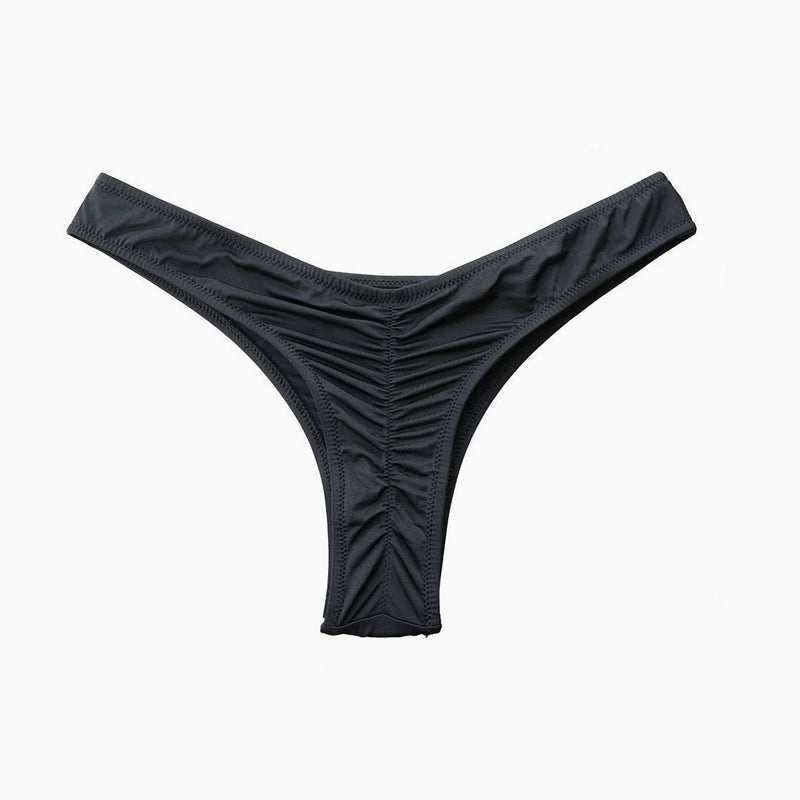 Brazilian Solid Color High Leg Scrunch Bikini Thong Bottom - Black
