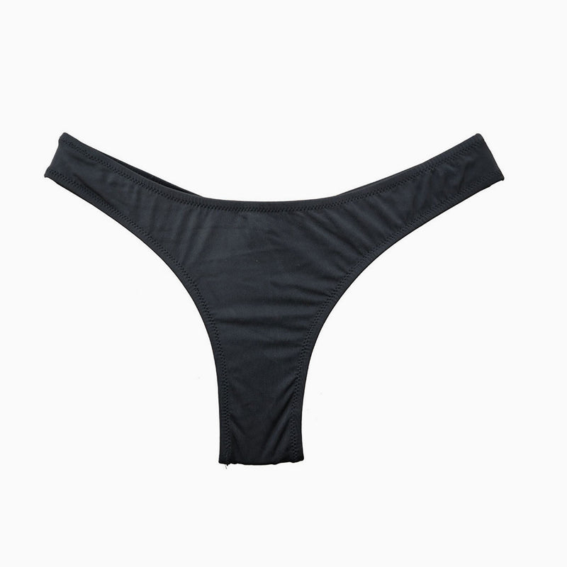 Brazilian Solid Color High Leg Scrunch Bikini Thong Bottom - Black