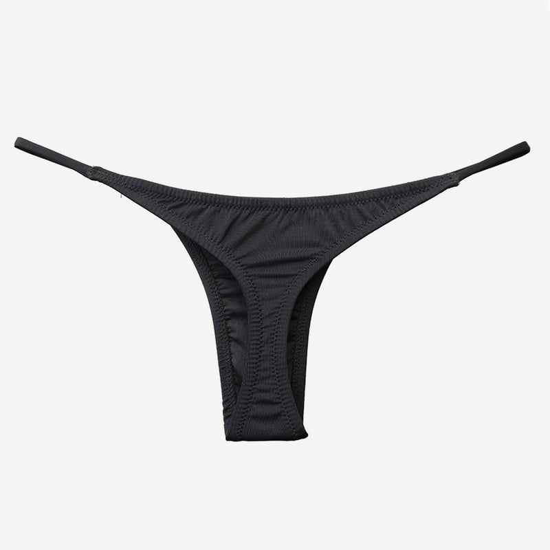 Brazilian Solid Color Ruched String Bikini Thong Bottom - Black