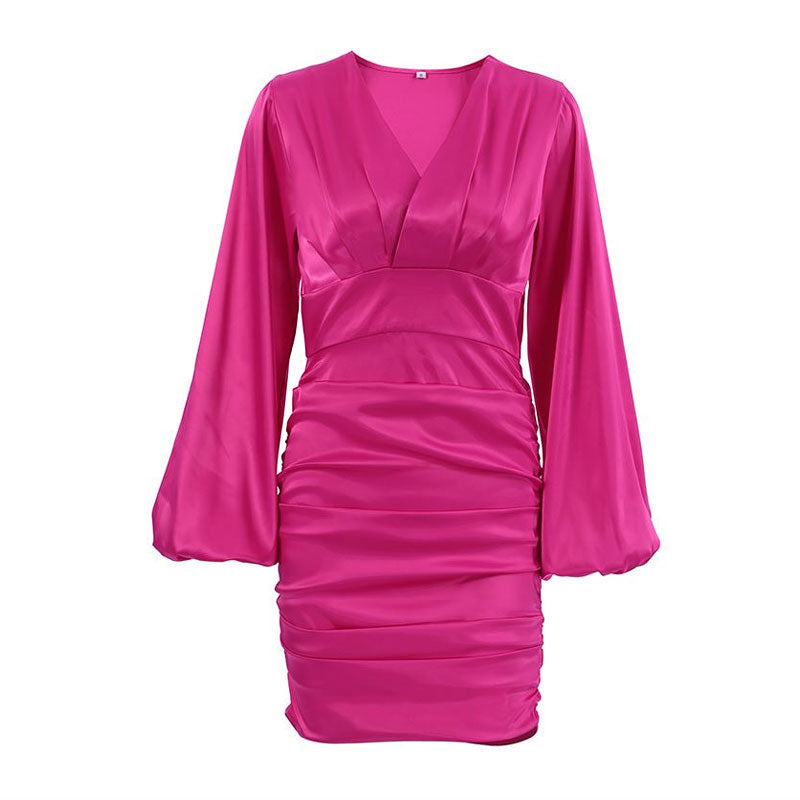 Breathtaking Ruched Bishop Sleeve V Neck Party Mini Dress - Hot Pink