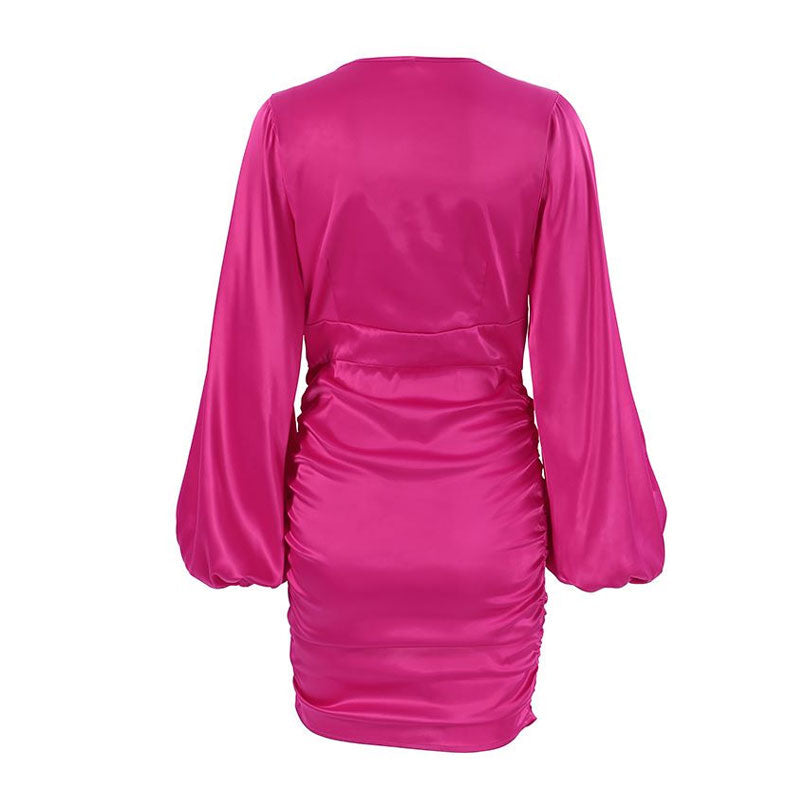 Breathtaking Ruched Bishop Sleeve V Neck Party Mini Dress - Hot Pink