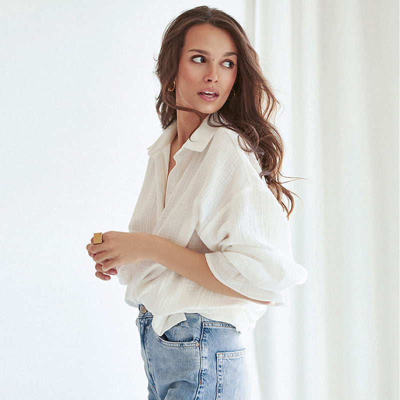 Breathtaking Textured Ruffle Drop Shoulder Button Up Collared Blouse - White