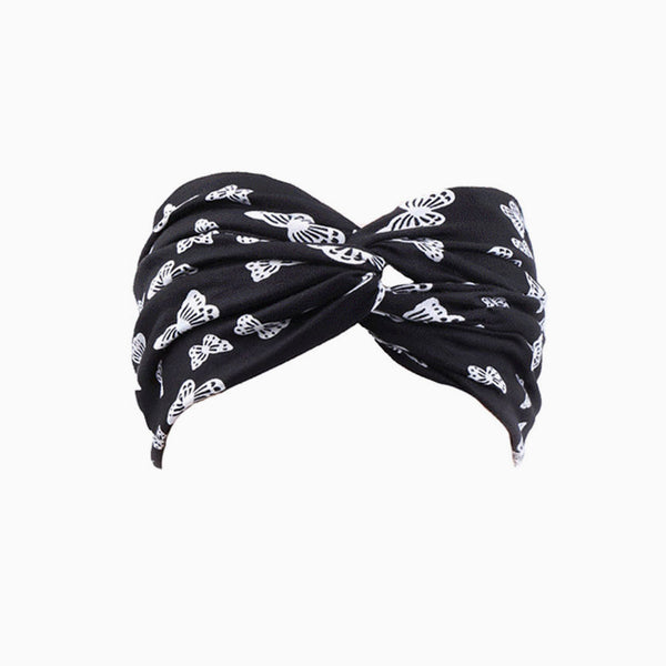 Vacation Ready Butterflies Print Twist Front Turban Headband - Black