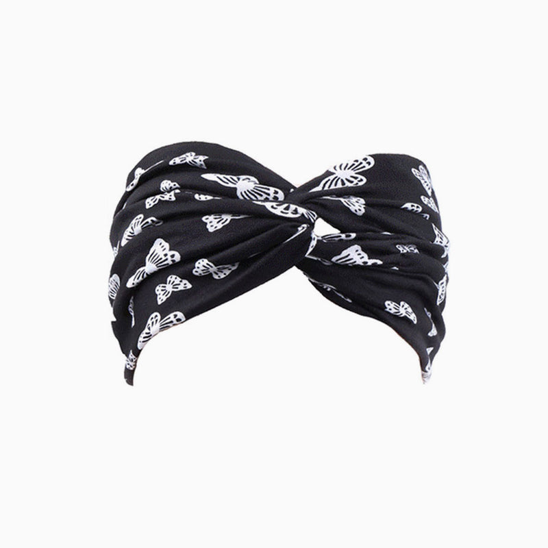 Vacation Ready Butterflies Print Twist Front Turban Headband - Black