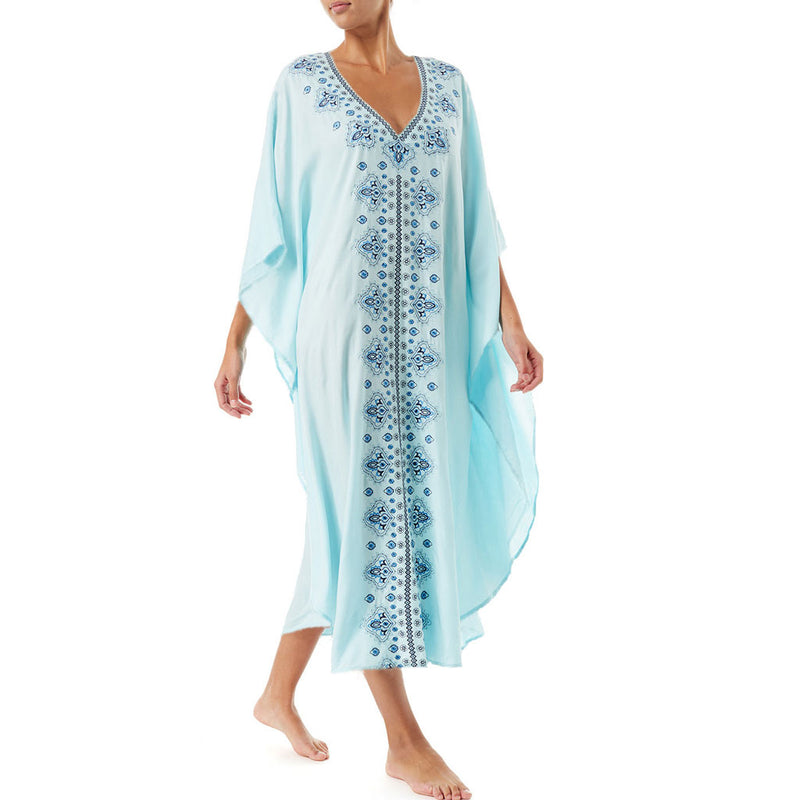 Casual Ethnic Print V Neck Batwing Sleeve Maxi Cover Up - Teal