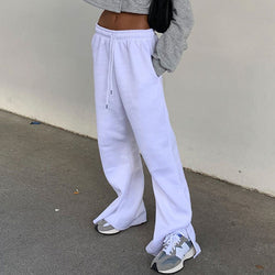 Casual High Waist Drawstring Side Slip Wide Leg Pants - White