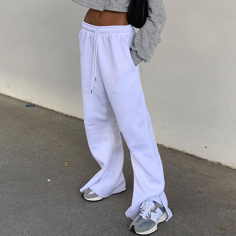 Solid Drawstring Slant Pockets Sweatpants High Waist Loose Casual