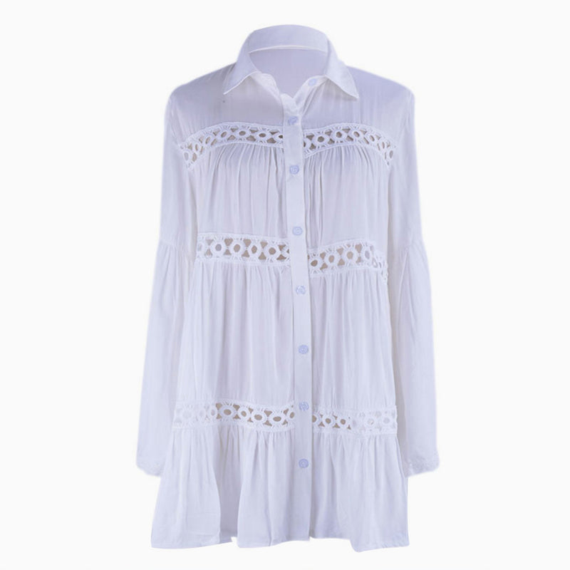 Casual Collared Long Sleeve Crochet Button Up Beach Cover Up - White