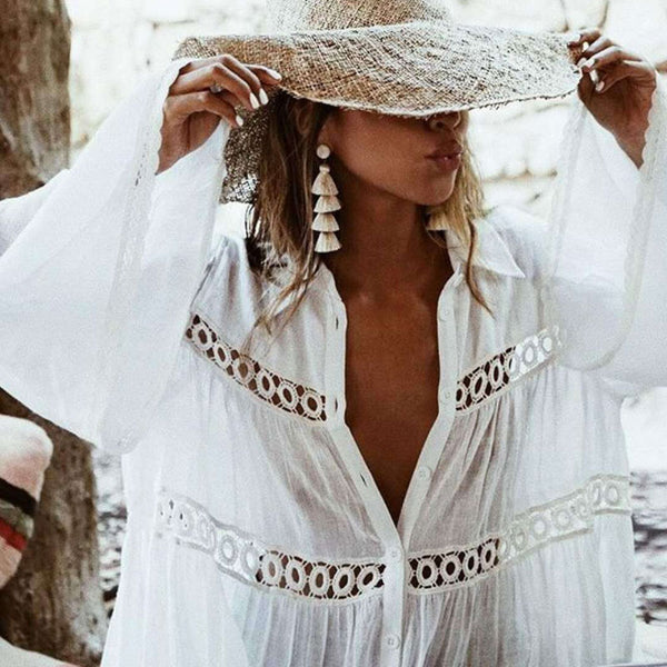 Casual Collared Long Sleeve Crochet Button Up Beach Cover Up - White