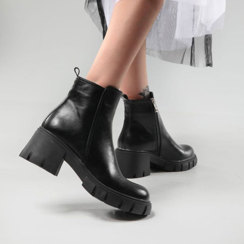 Chelsea Style Faux Leather Lug Sole Block Heel Ankle Boots - Black