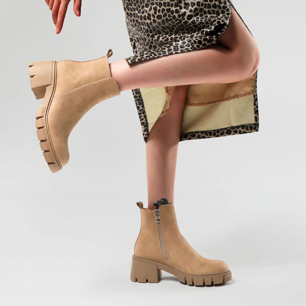 Chelsea Style Faux Leather Lug Sole Block Heel Ankle Boots - Khaki